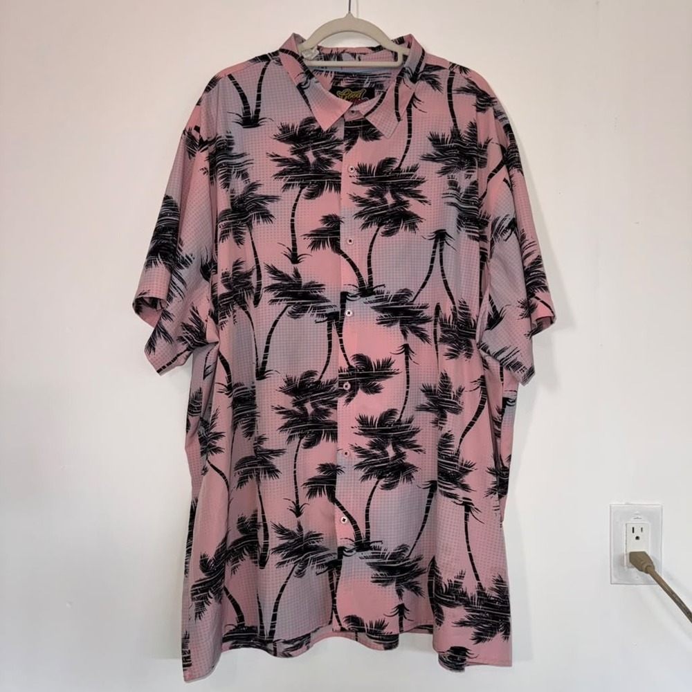 Good Vibes Men 5X Button Up Pink Shirt Short Sleeve Black Palm Tree Print Resort